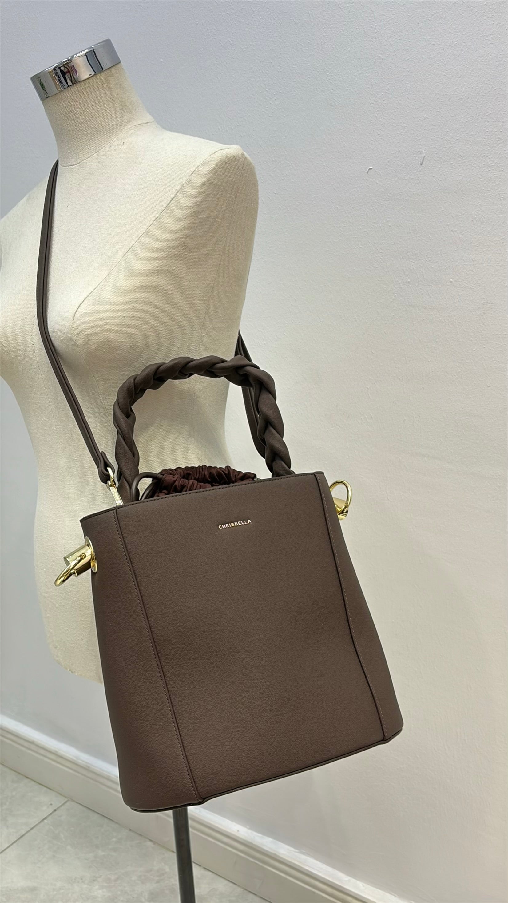 Chrisbella Drawstring Bucket Bag in Coffee