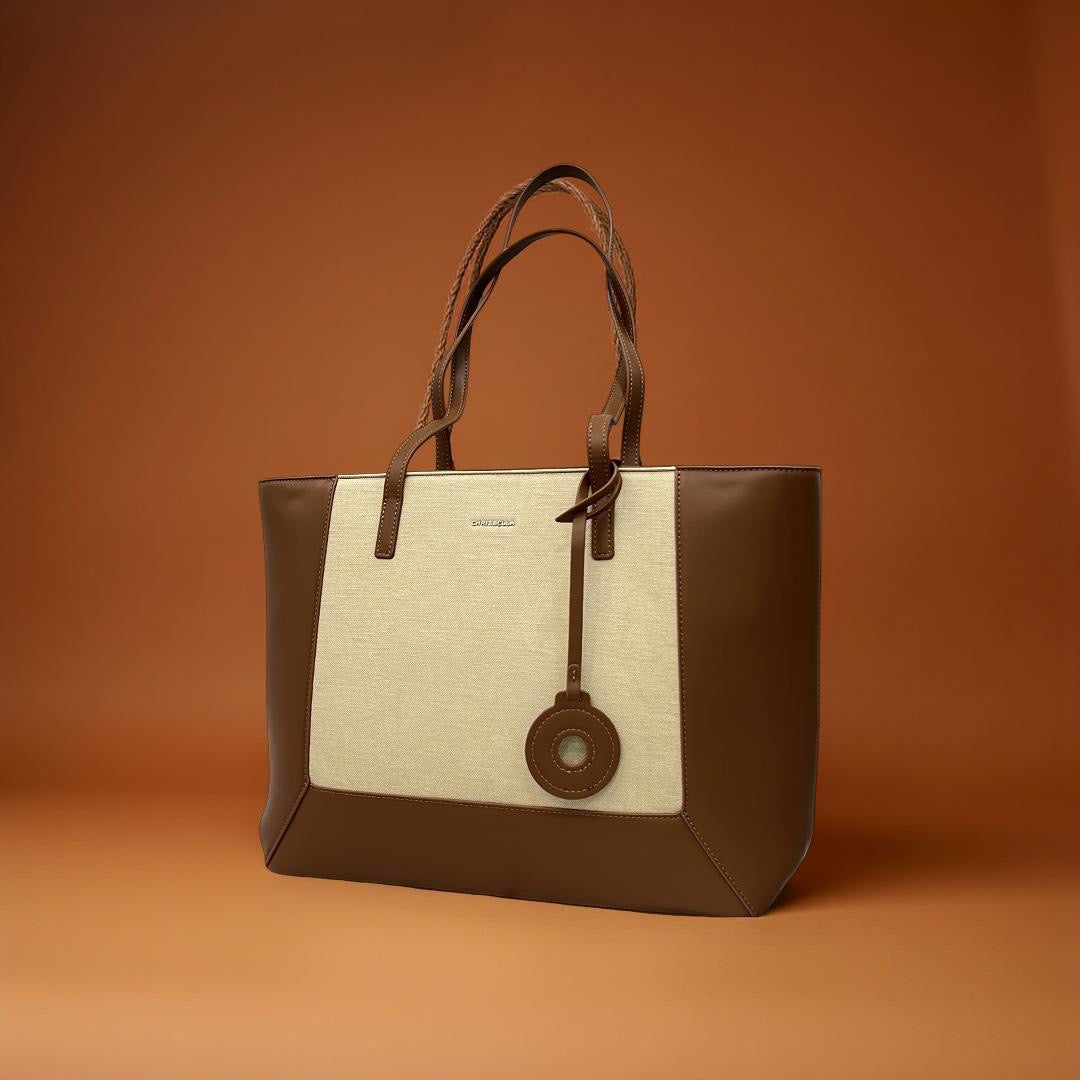 Chrisbella Two-Tone Large Tote in Tan/Beige