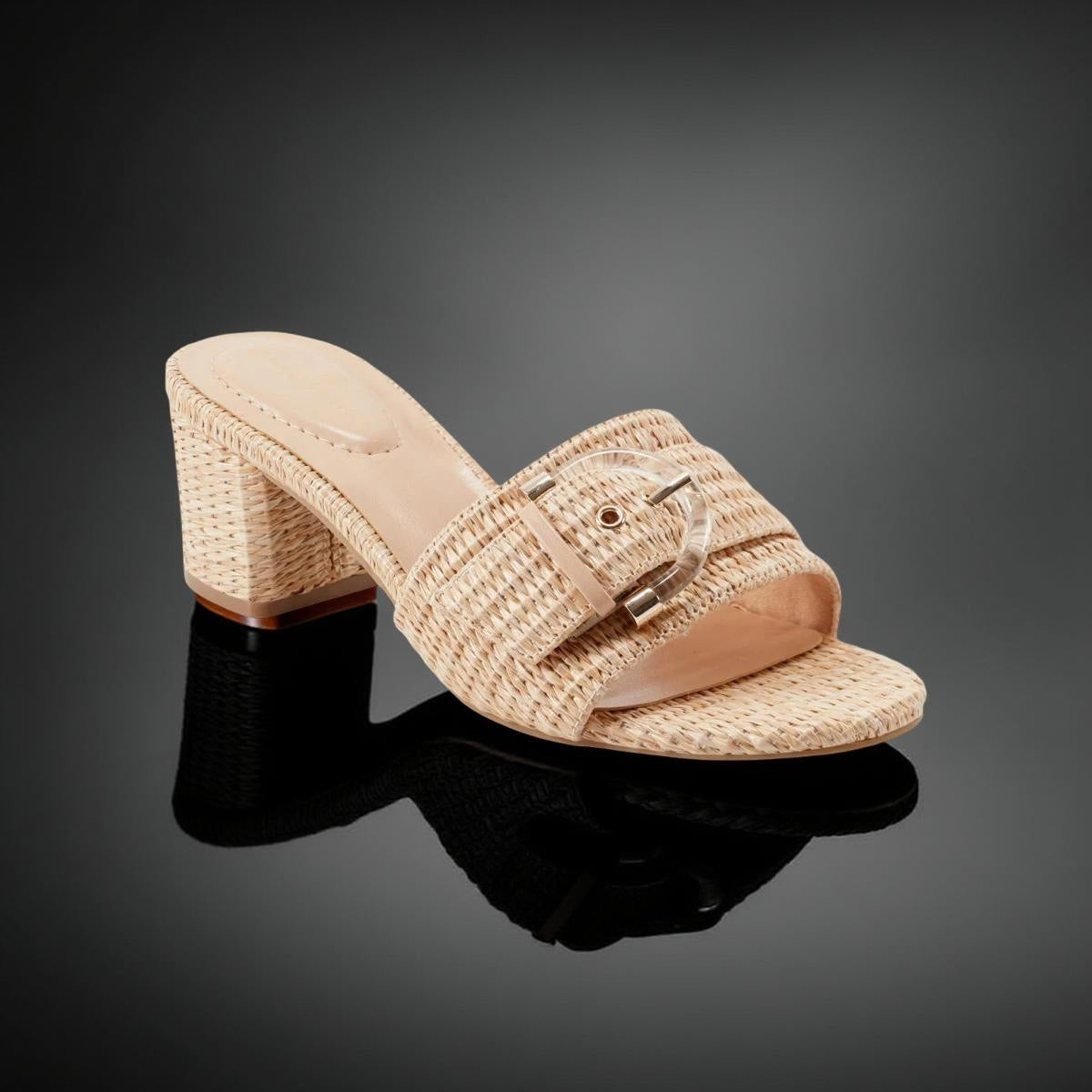 Bandolino Buckle Detail Raffia Block Heel Mule in Natural