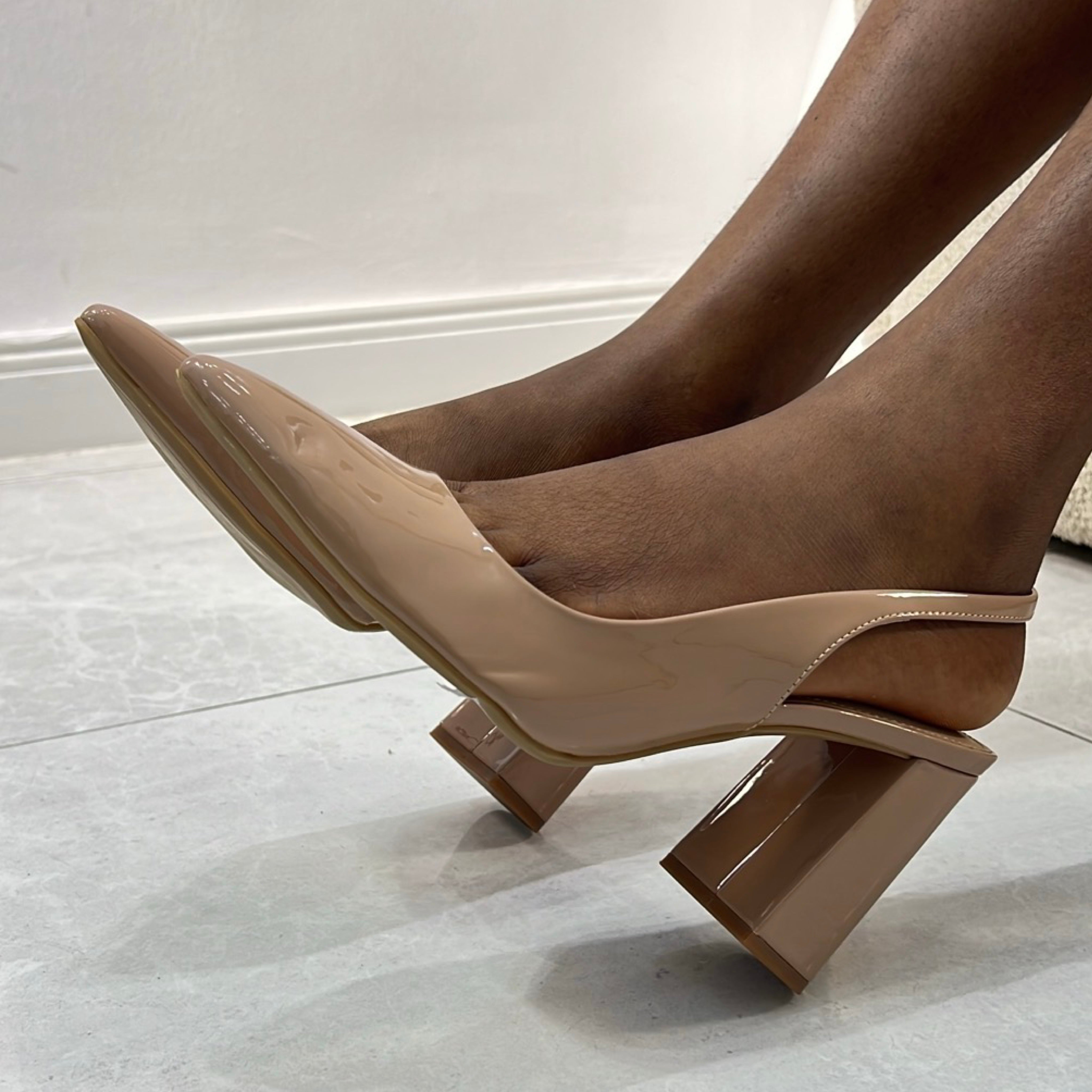 Calvin Klein Patent Leather Pointed Toe Block Heel Slingbacks in Nude