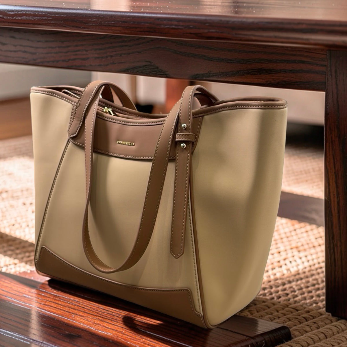 Chrisbella Large Two-Tone Bag in Beige