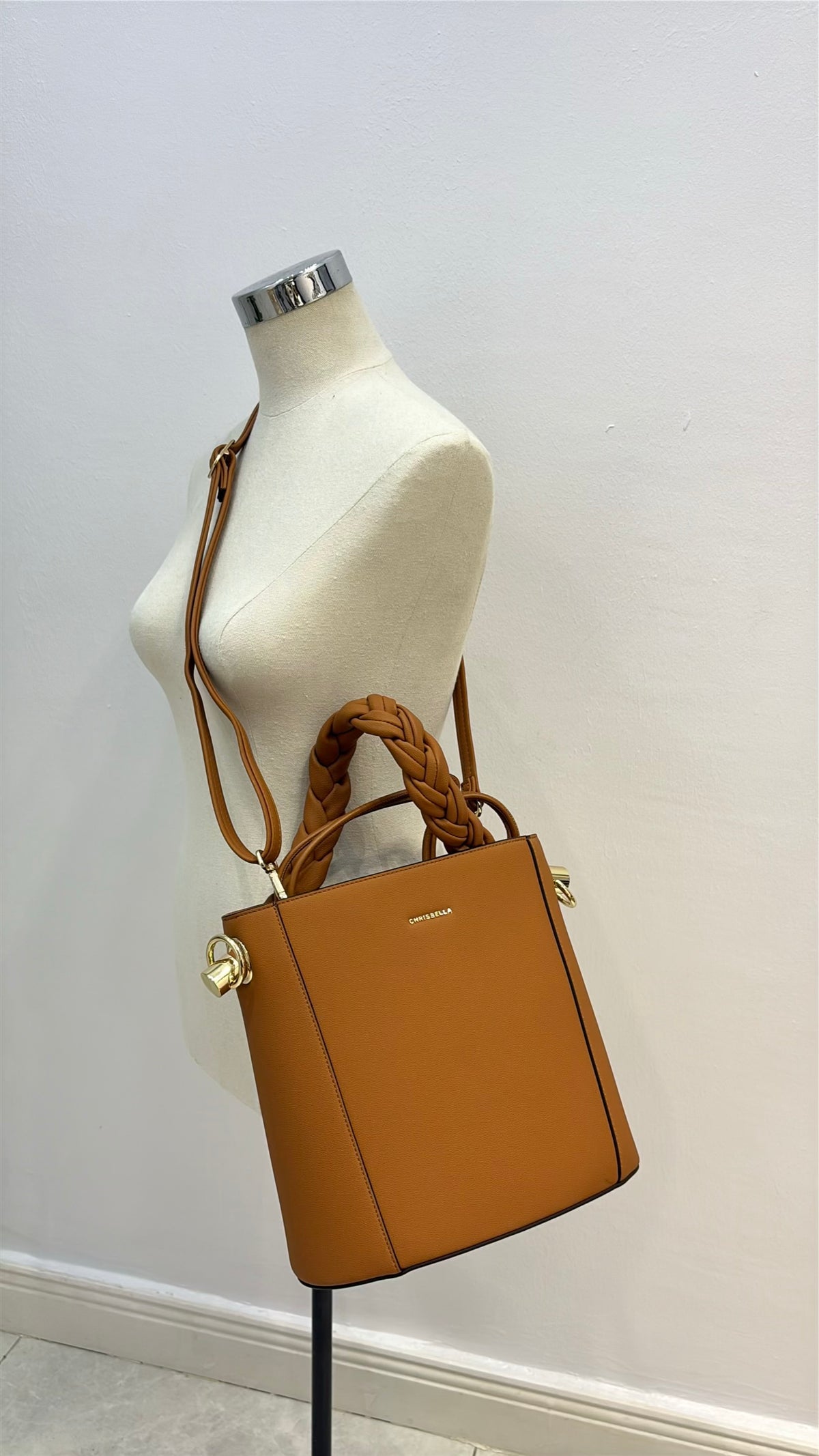 Chrisbella Drawstring Bucket Bag in Camel