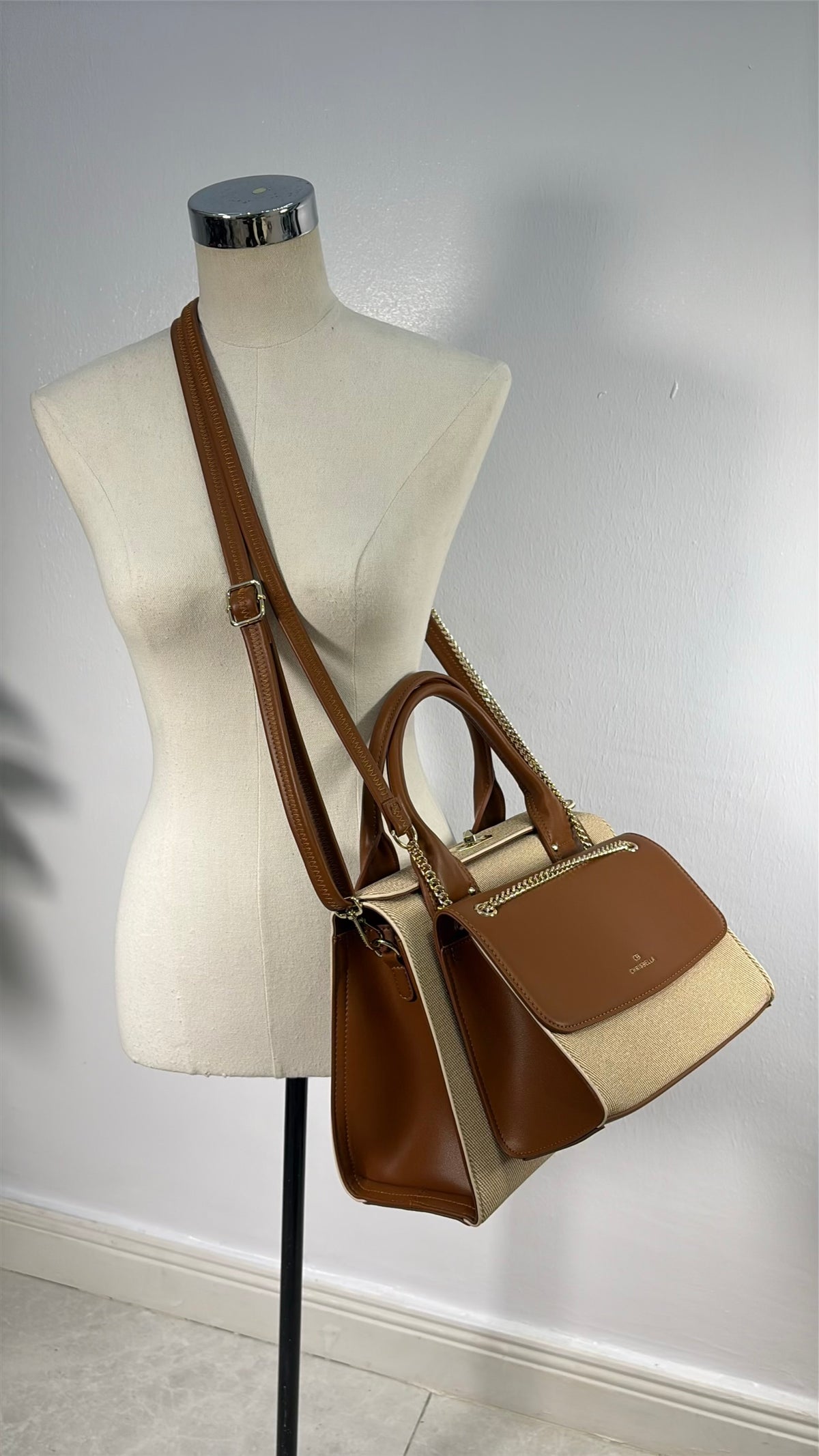 Chrisbella Textured Two-in-One Bag in Beige