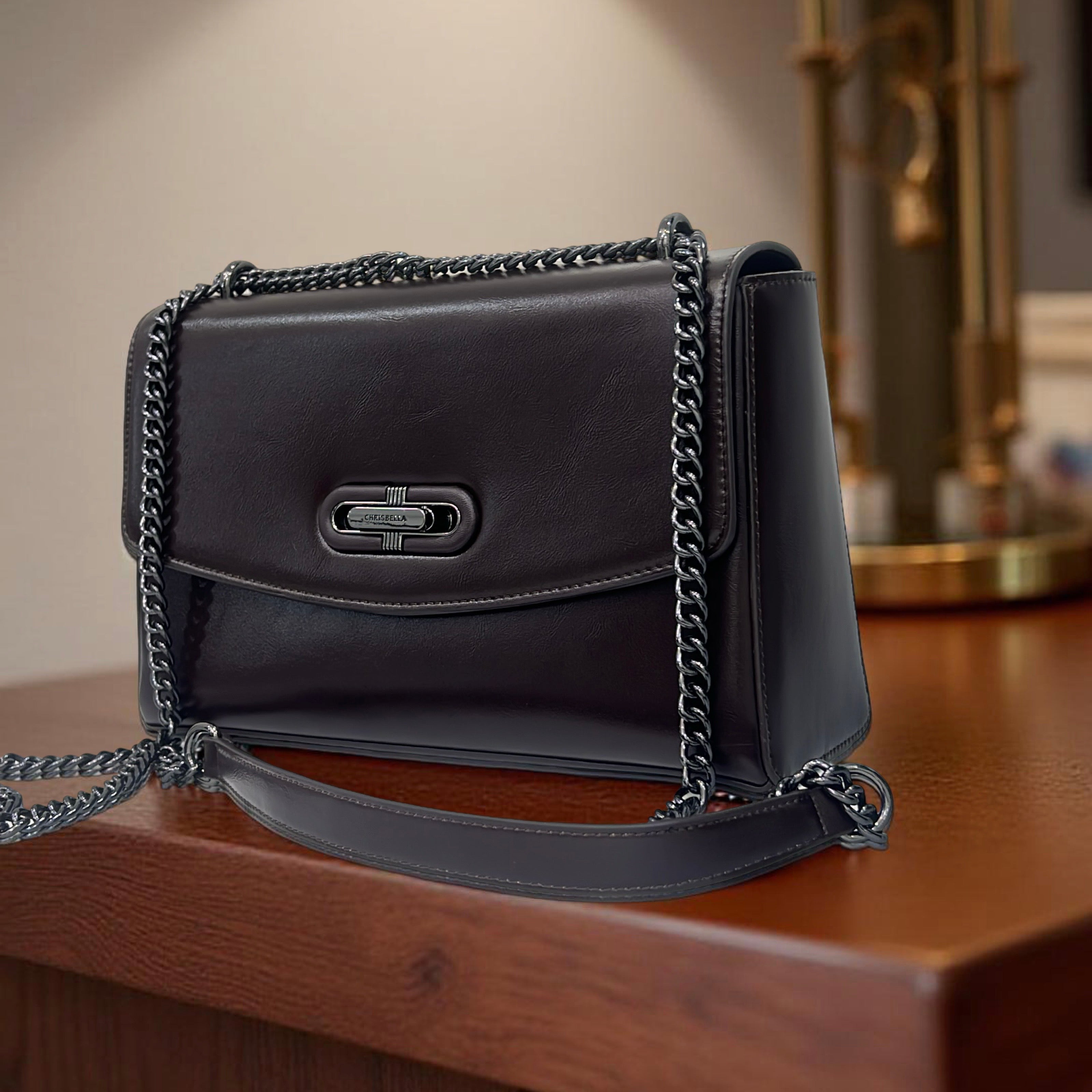 Chrisbella Leather Slide-Knob Sling Bag in Coffee