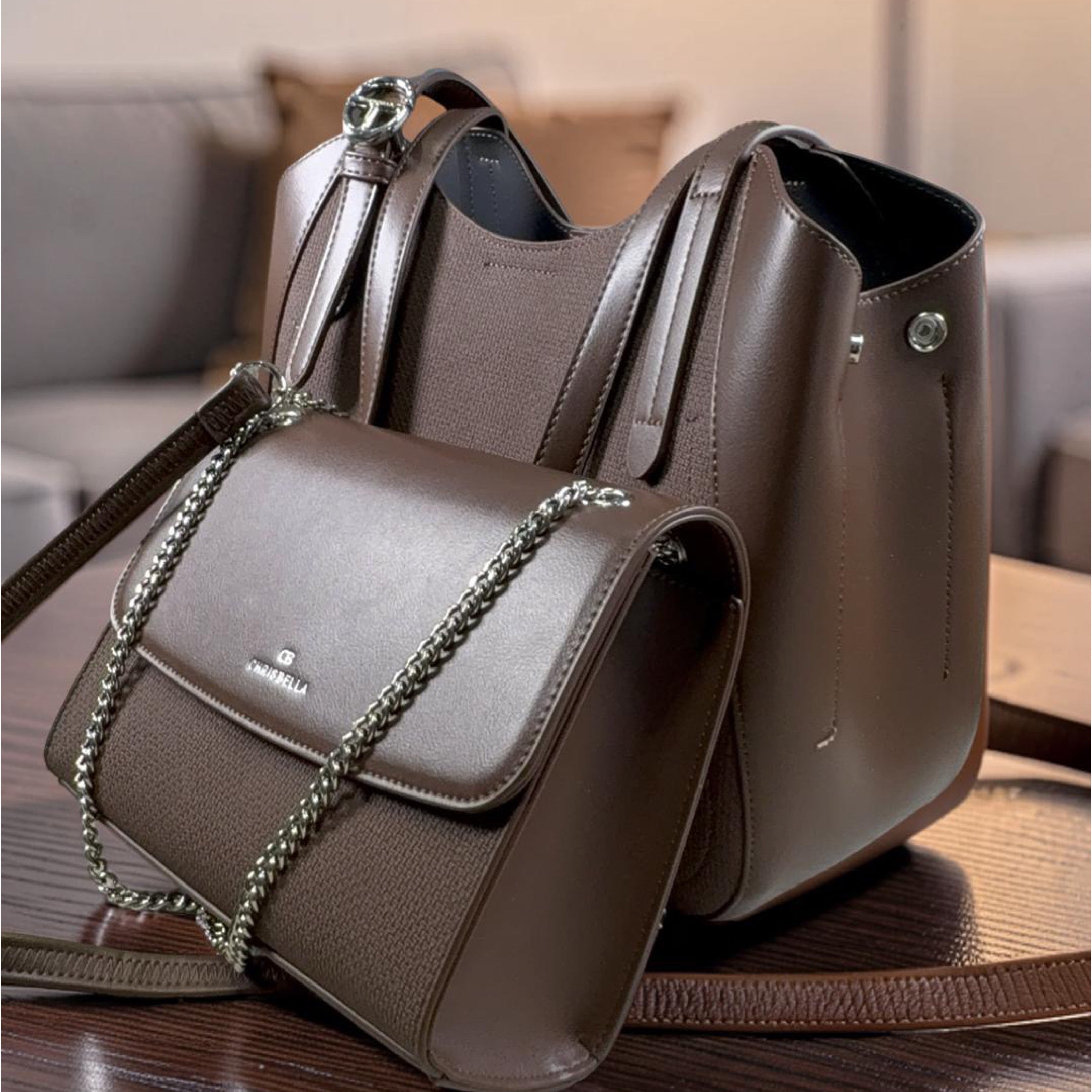 Chrisbella Leather Textured Fabric Contrast Bag in Coffee