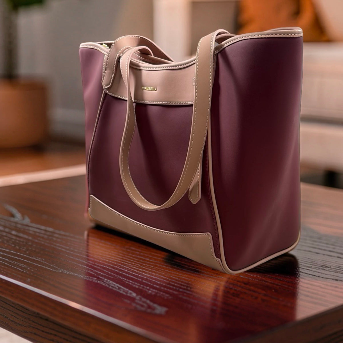 Chrisbella Large Two-Tone Bag in Beige Wine