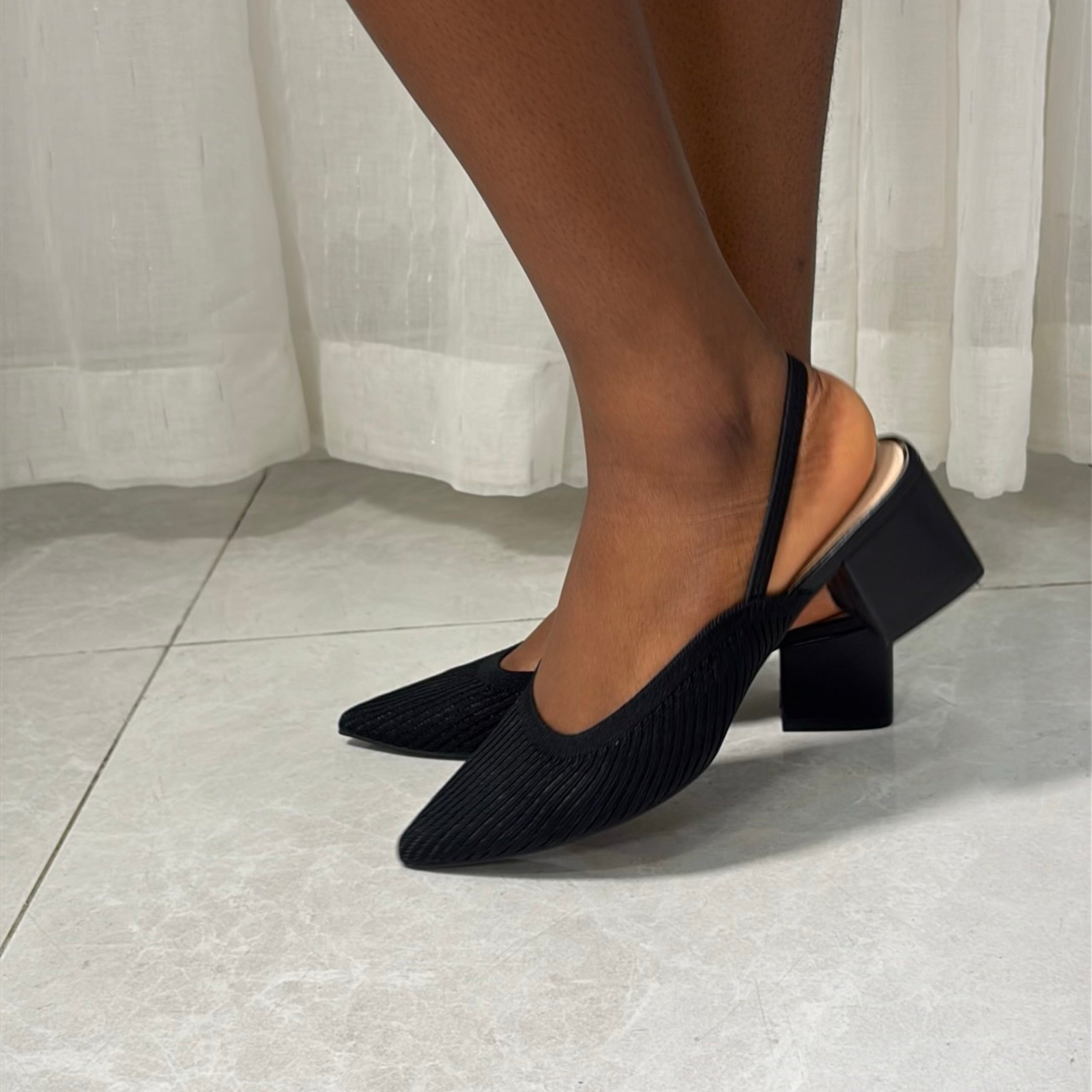 Milano Elastic Slingback Block Heel Shoes in Black