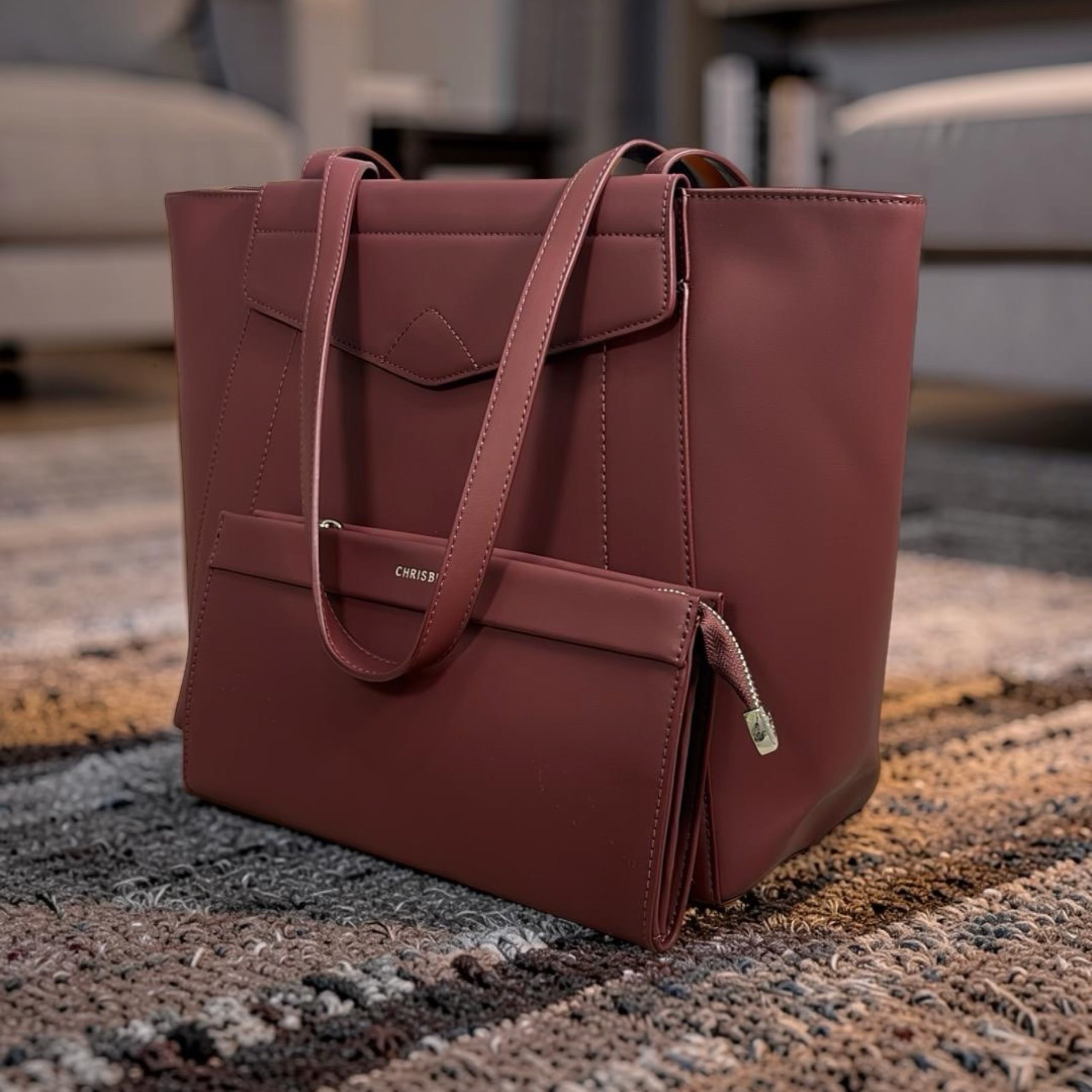 Chrisbella Large Contrast Shoulder Bag in Burgundy