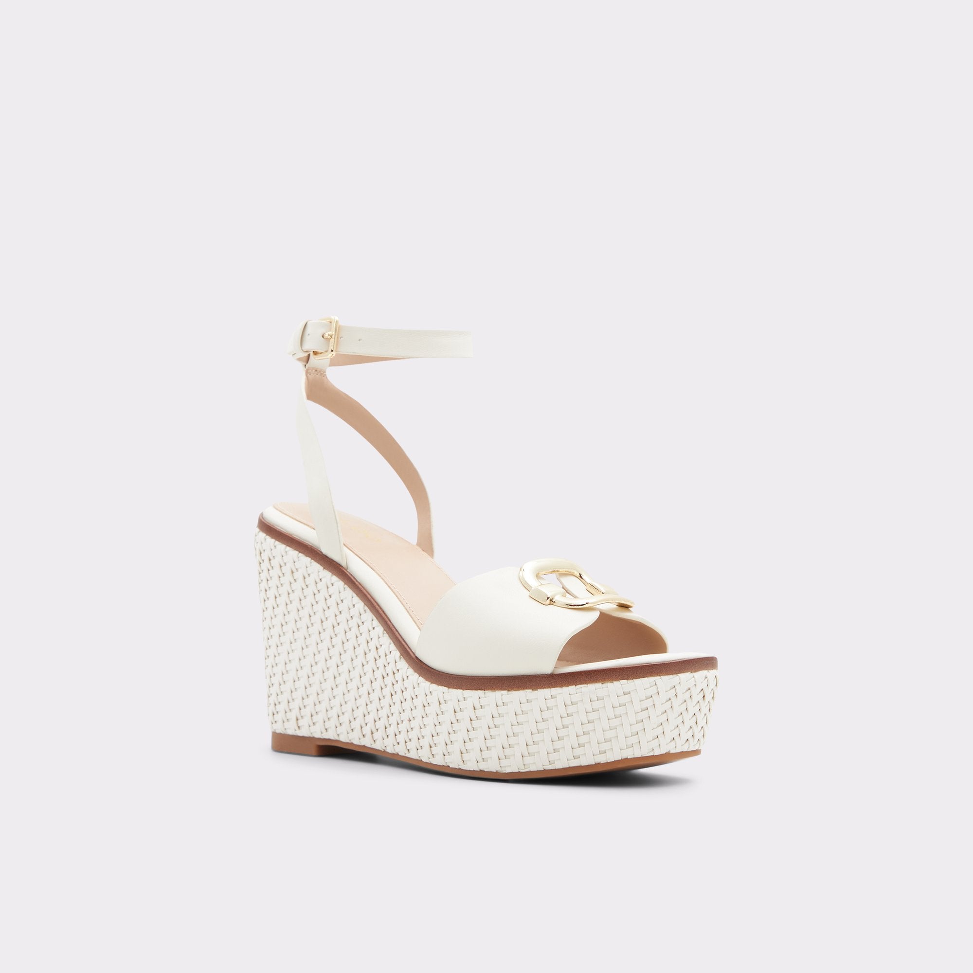 ALDO TAPPED GOLD EMBELLISHED WEDGE SANDAL IN OFF WHITE