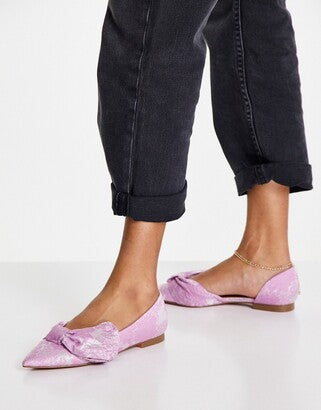 ASOS BOW DETAIL POINTED TOE BROCADE FLATS IN PINK