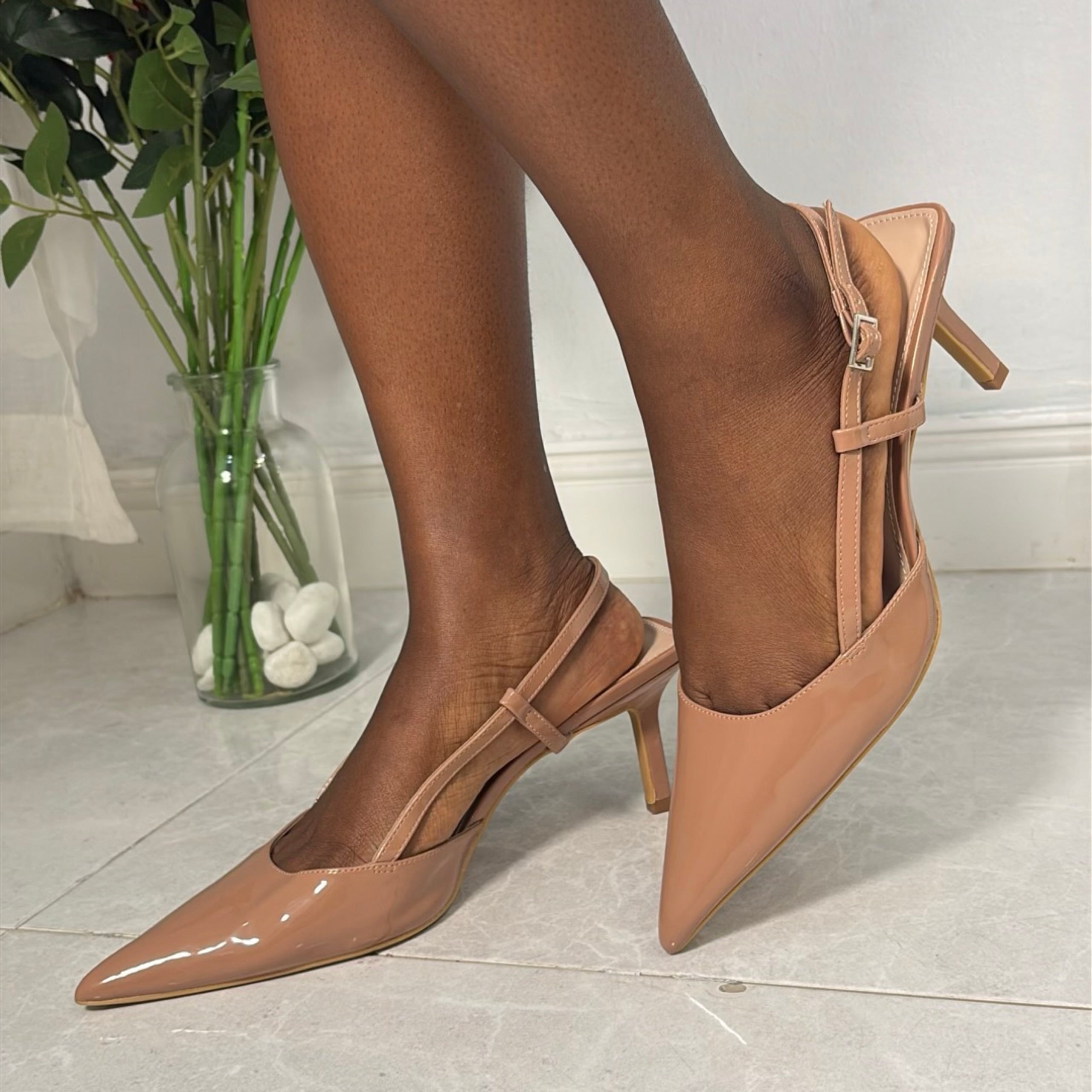 On Feet & In Love Pointed Toe Patent Leather Slingback Buckle Closure Heels in Blush