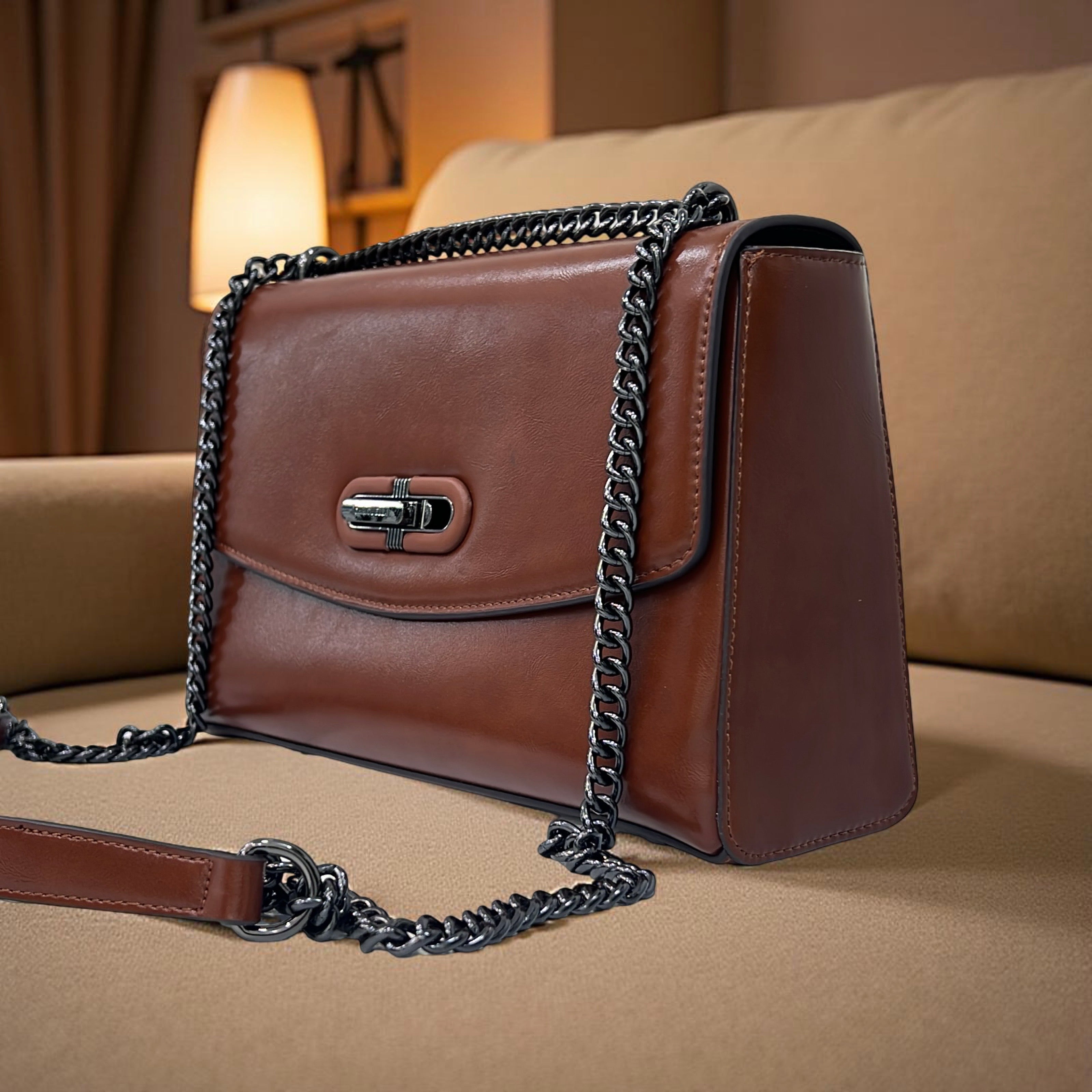 Chrisbella Leather Slide-Knob Sling Bag in Brown