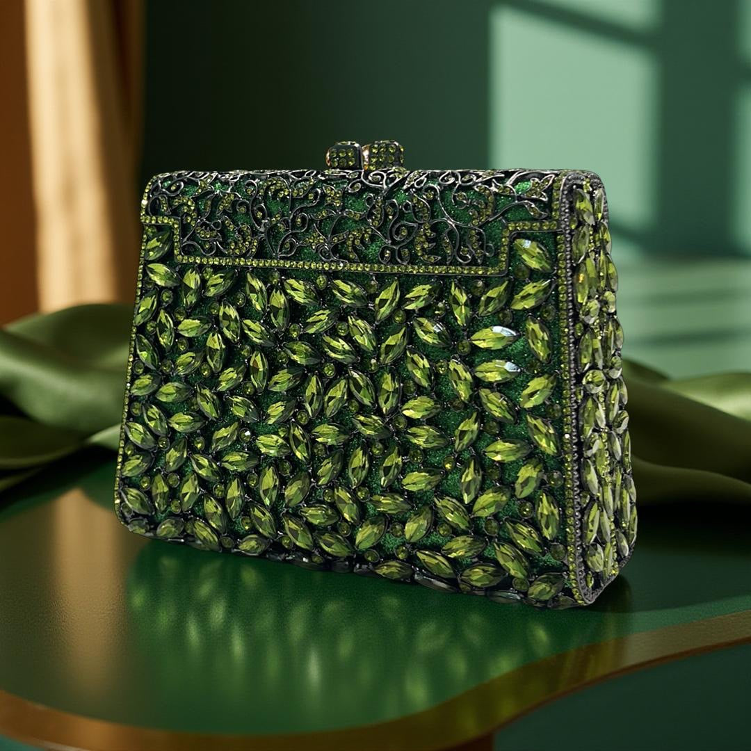 Milan Luxe Clutch Structured Party Purse with Stones in Pear Green