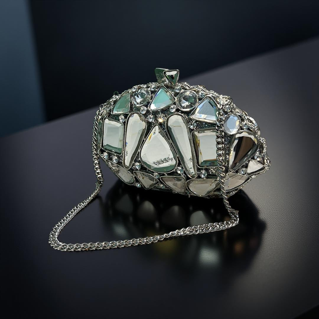 Valencia Structured Clutch Party Purse with Stones in Silver