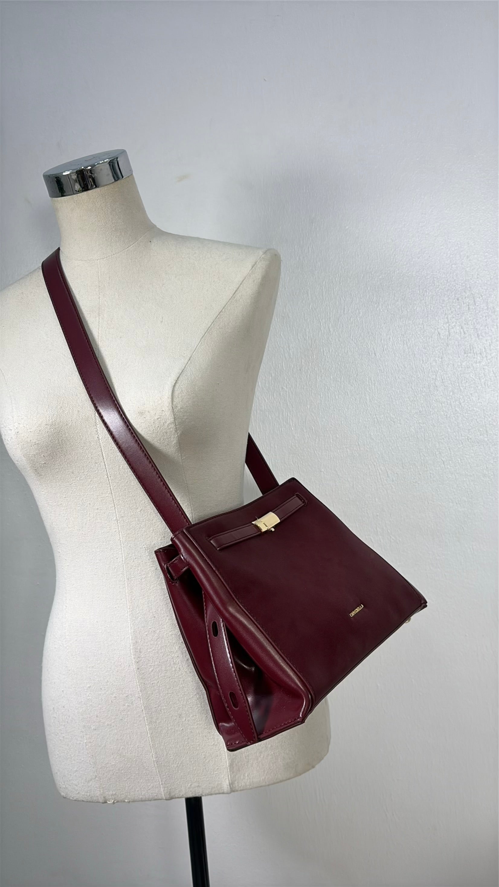 Chrisbella Top Handle Contrast Leather Bag in Burgundy