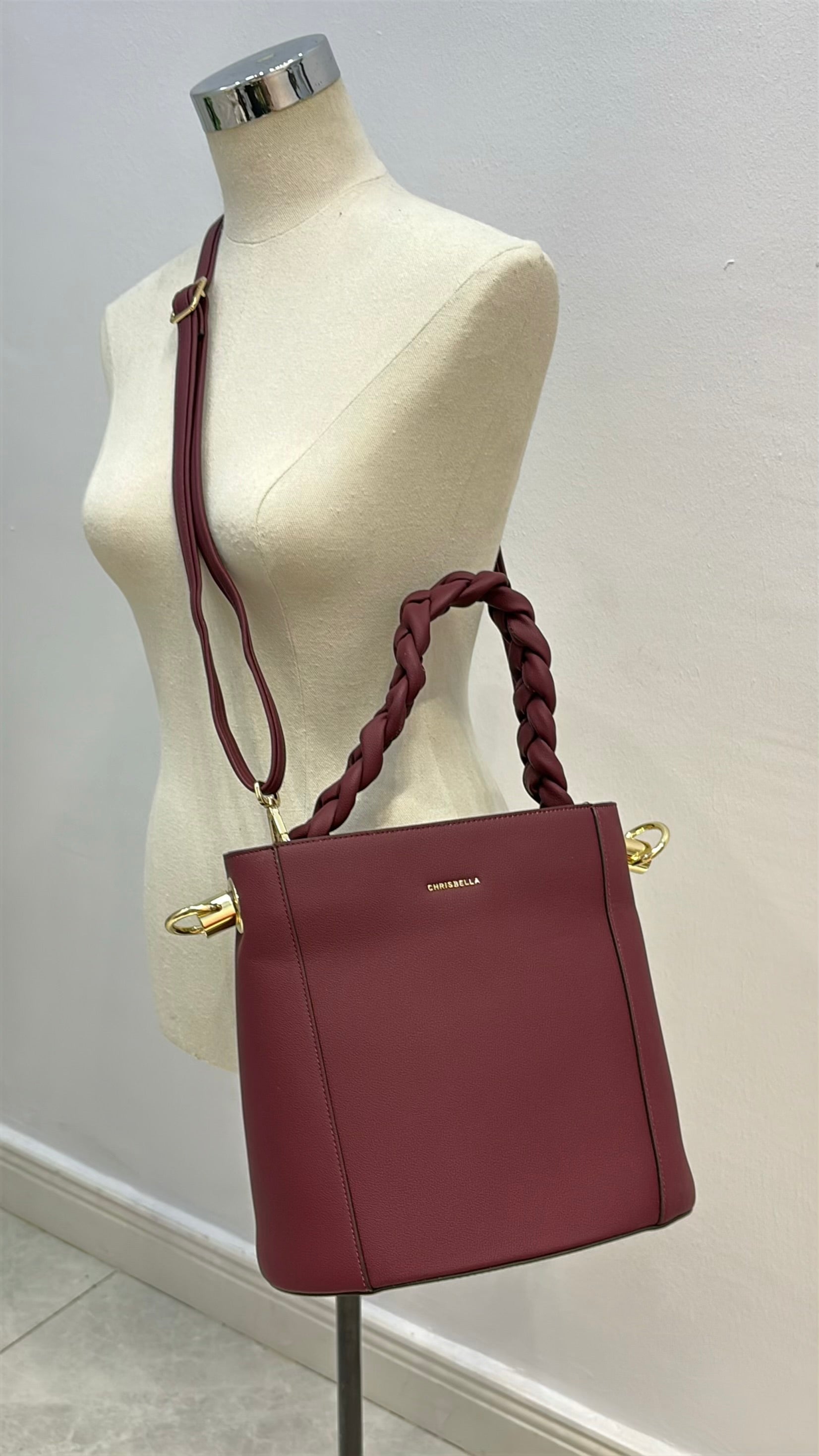 Chrisbella Drawstring Bucket Bag in Burgundy