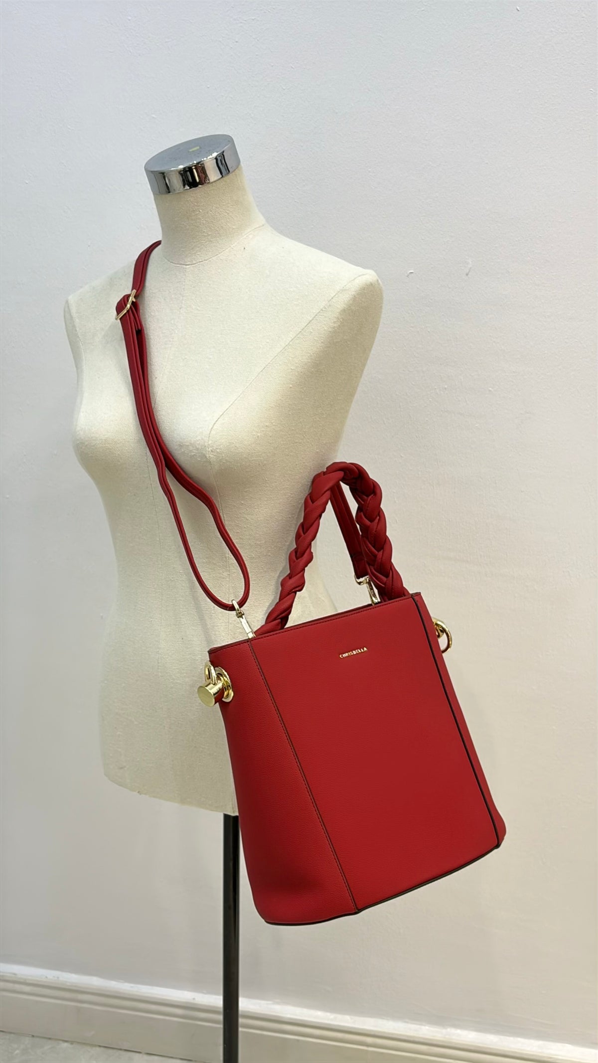 Chrisbella Drawstring Bucket Bag in Red