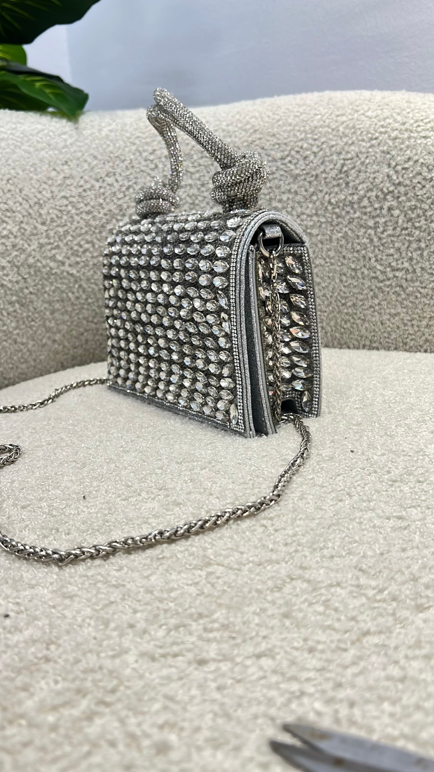 Top Handle Tie-Knot Embellished Purse in Silver