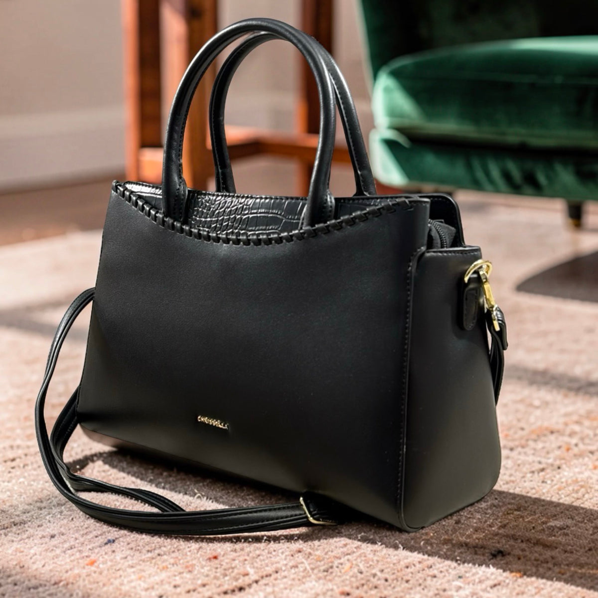 Chrisbella Double Handle Croc-Insert Bag in Black