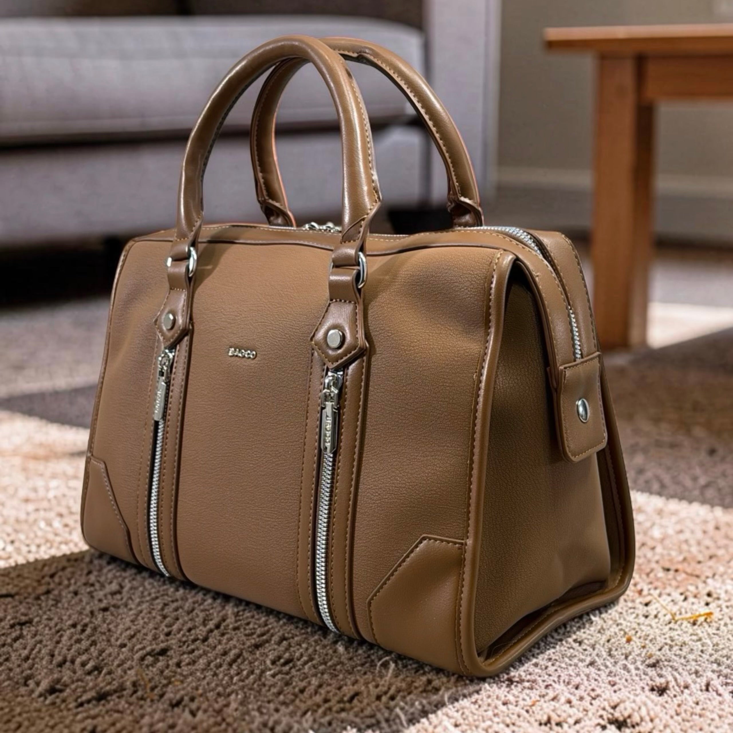 Bagco Double Front Zip Two-Tone Bag in Brown