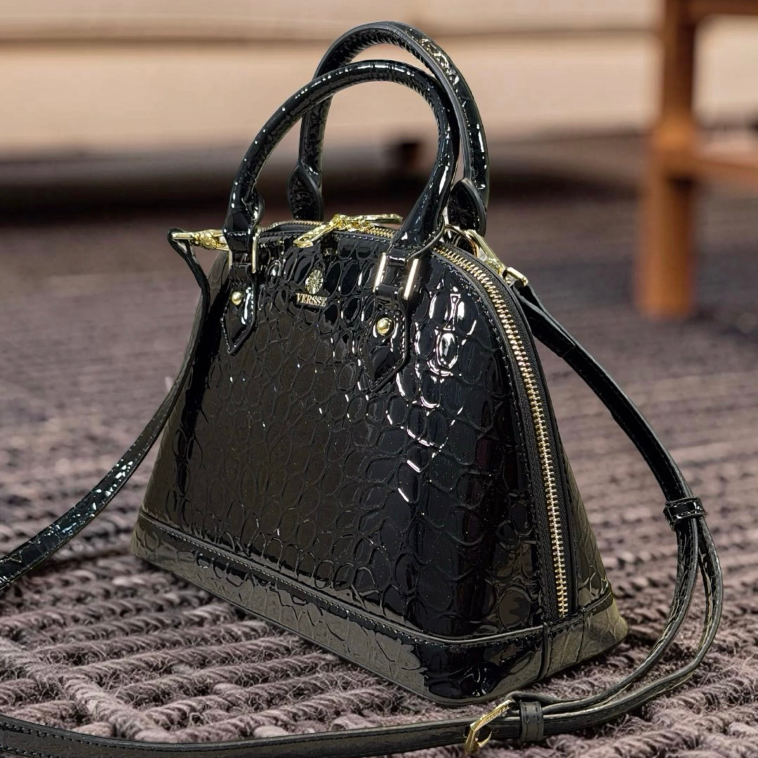 Versse Faux Croc Patent Leather Bag in Black