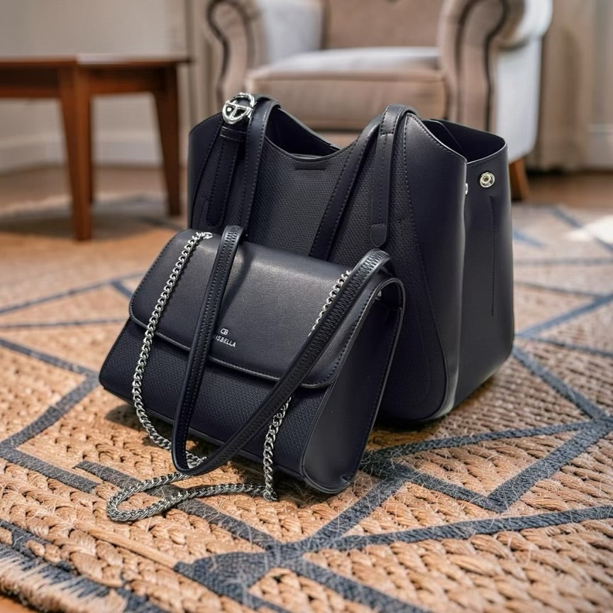 Chrisbella Leather Textured Fabric Contrast Bag in Black