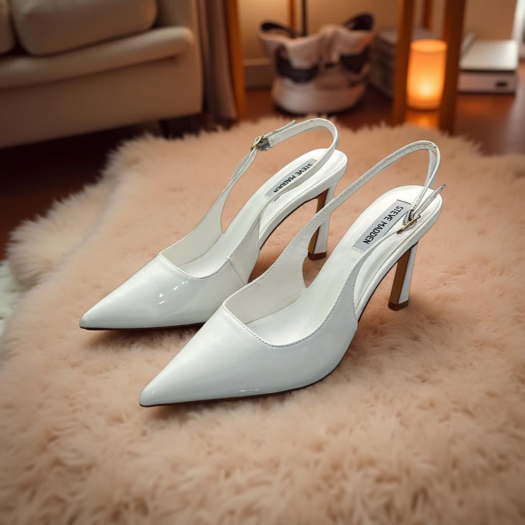 Steve Madden Patent Leather Pointed Toe Slingback Heels in White