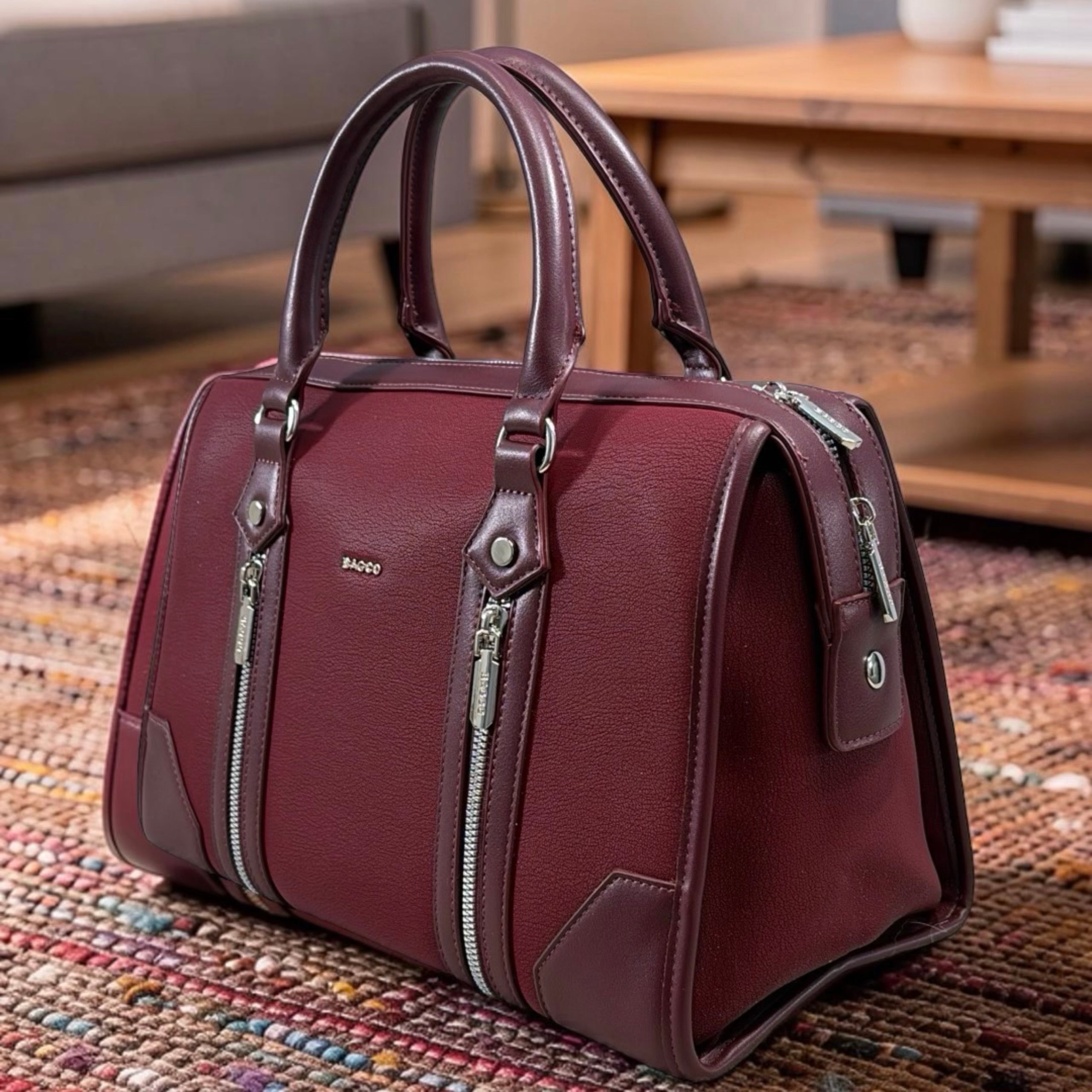 Bagco Double Front Zip Two-Tone Bag in Burgundy
