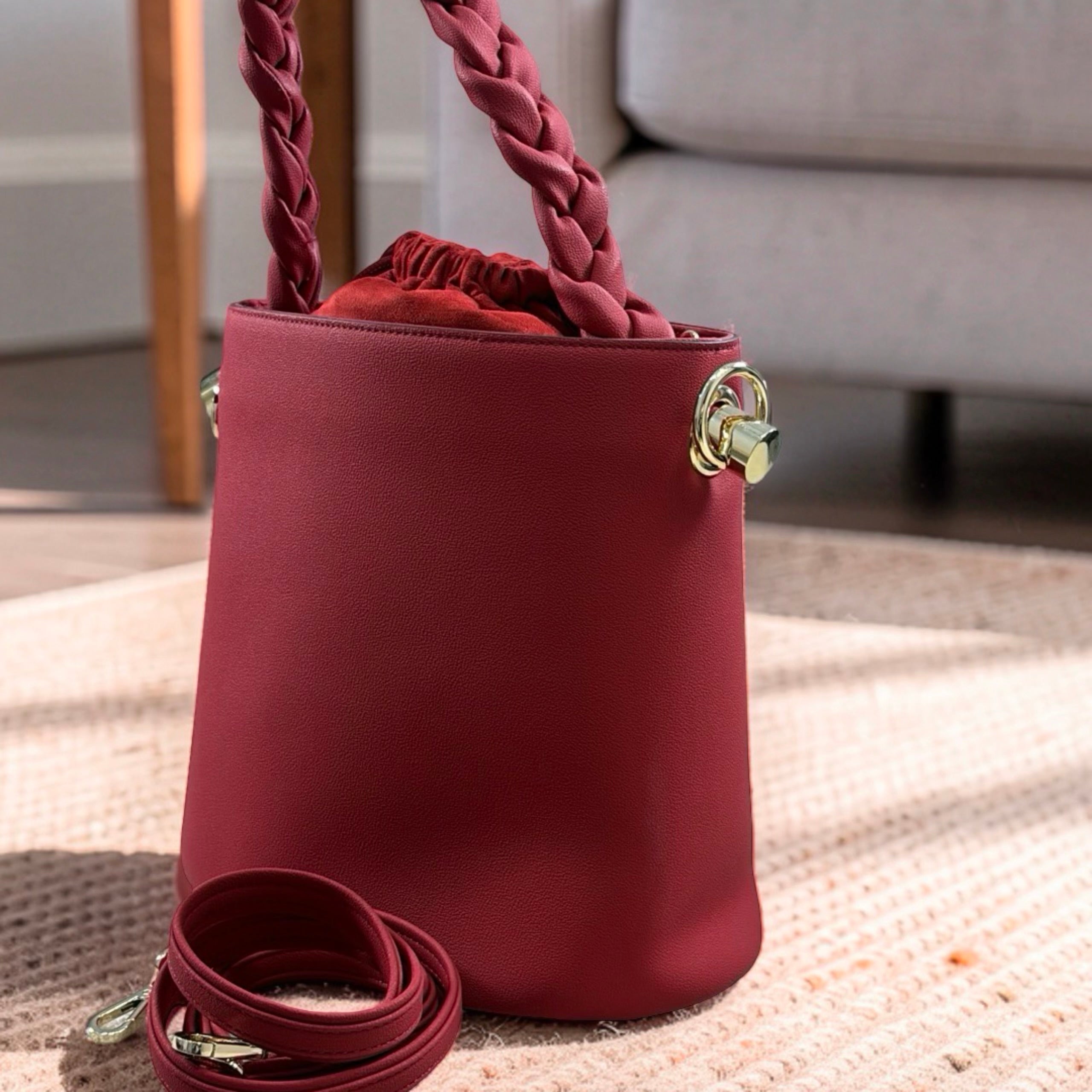 Chrisbella Drawstring Bucket Bag in Red