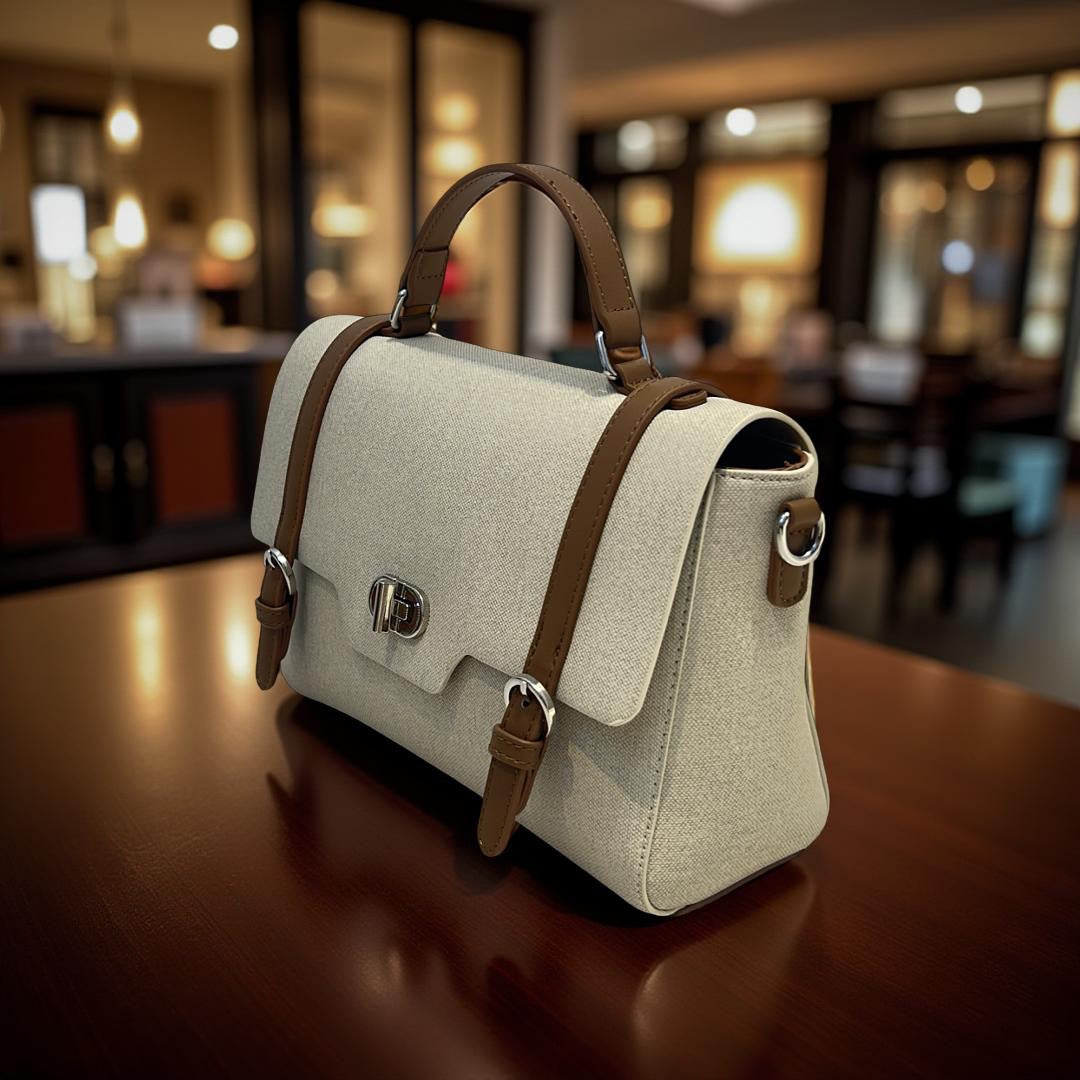 Bagco Leather Strap Top Handle Satchel With Twist-Knob in Off-White