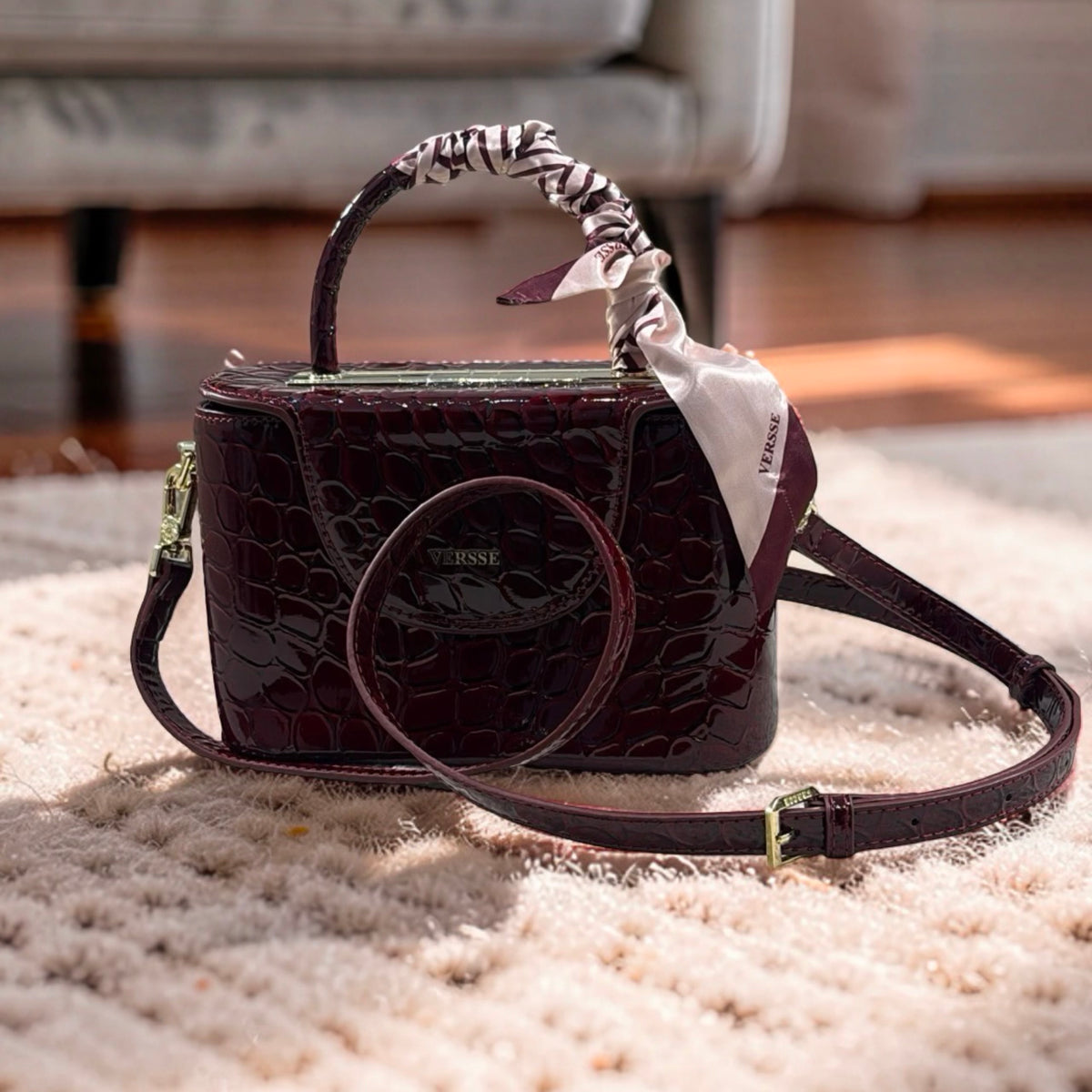 Versse Top Handle Faux Croc Skin Mini Bag in Burgundy