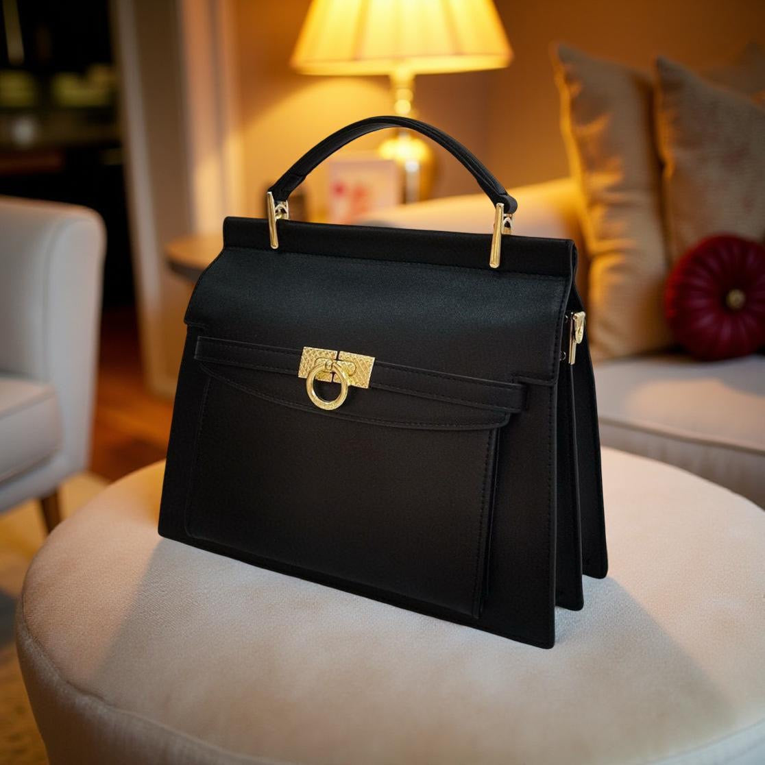Versse Ring Detail Top Handle Leather Bag in Black