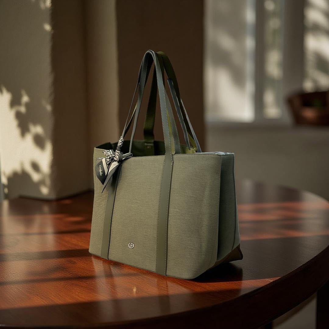 Chrisbella Large Fabric Finish Double Strap Bag in Army Green