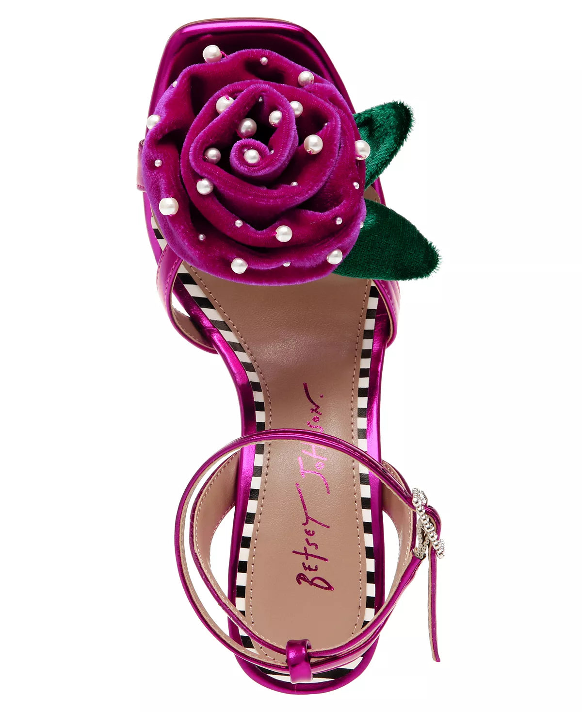 BETSEY JOHNSON ROSE DETAIL HEELED SANDAL IN FUCHSIA