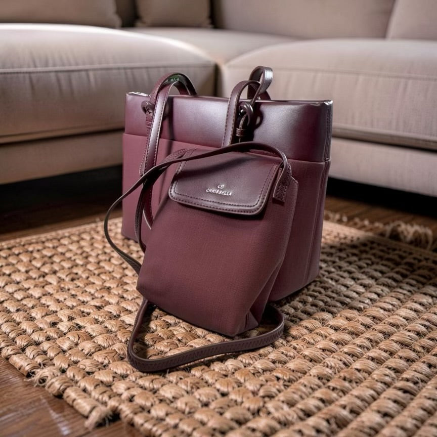 Chrisbella Contrast Tow-Tone Bag in Burgundy