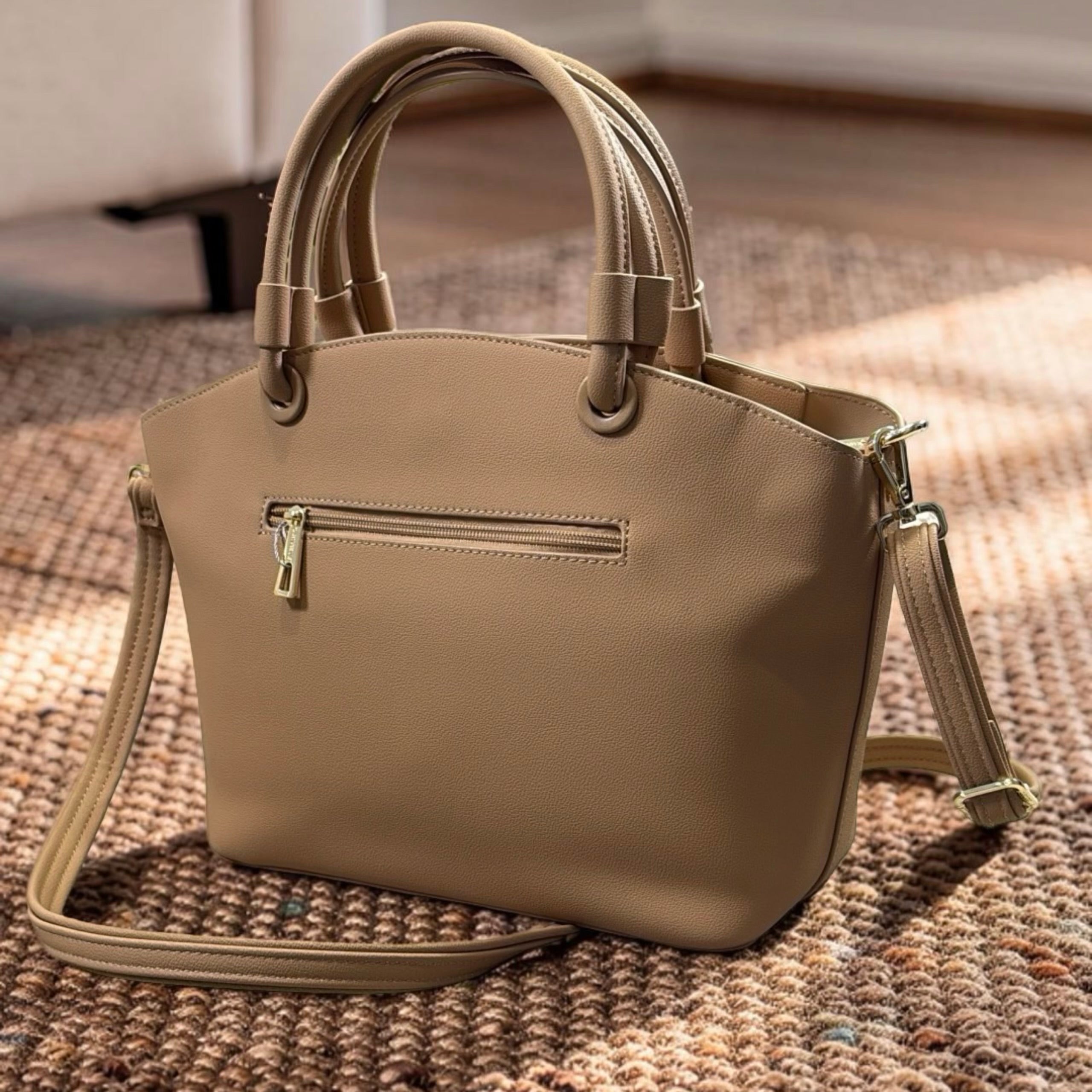 Chrisbella Triple Compartment Double Handle Bag in Beige
