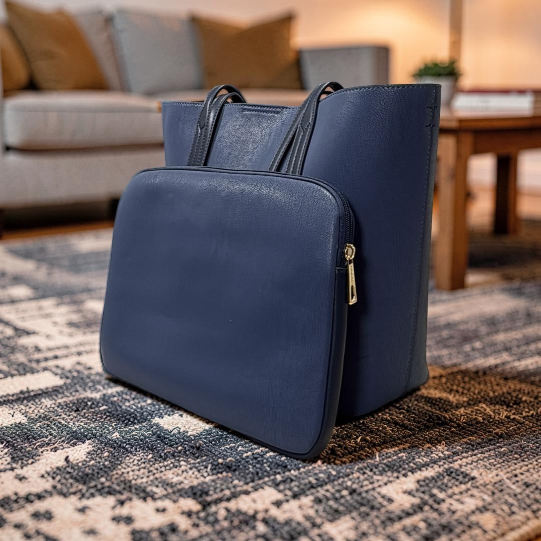 Chrisbella Large Matte Leather Bag in Navy