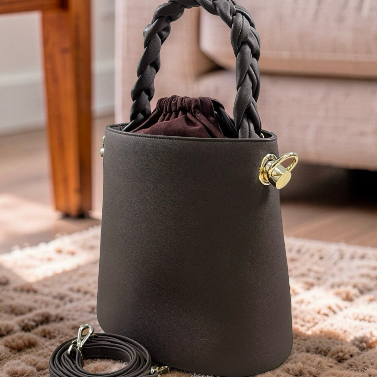 Chrisbella Drawstring Bucket Bag in Coffee