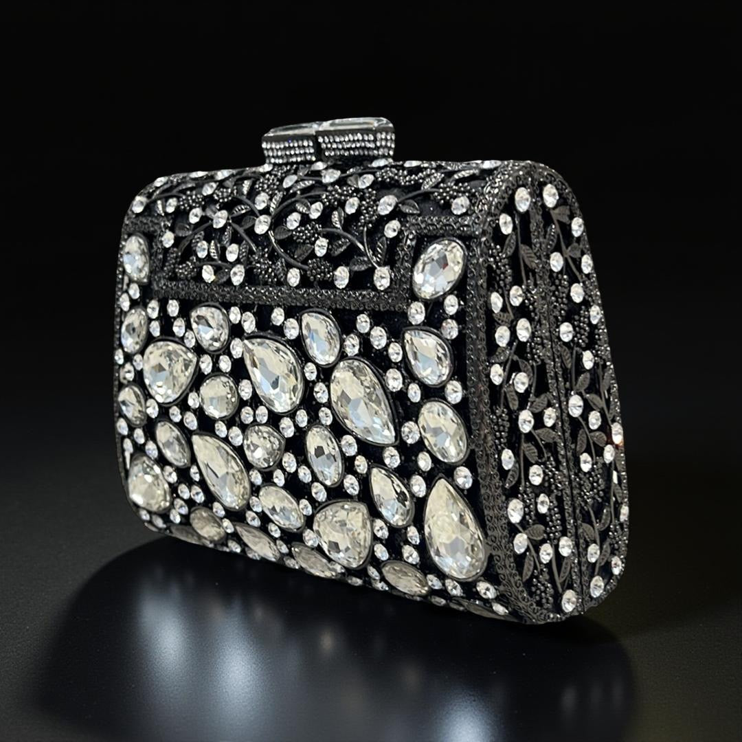 Milan Luxe Clutch Structured Party Purse with Stones in Black