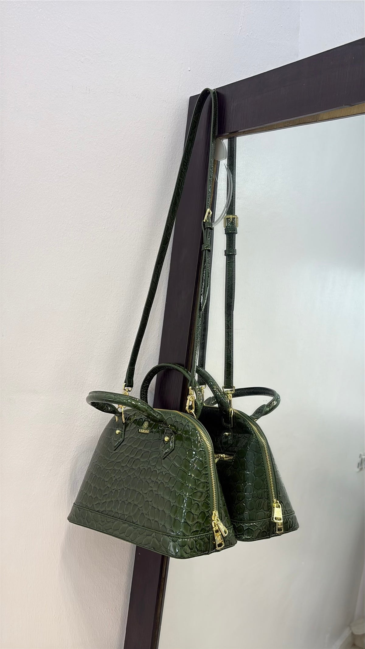Versse Faux Croc Patent Leather Bag in Green