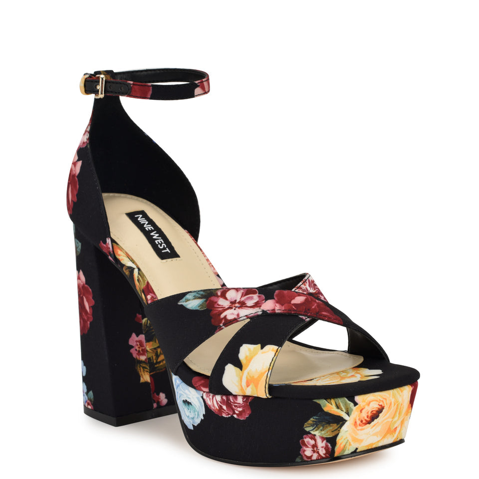 Nine West Floral Platform Block Heel Sandal in Black