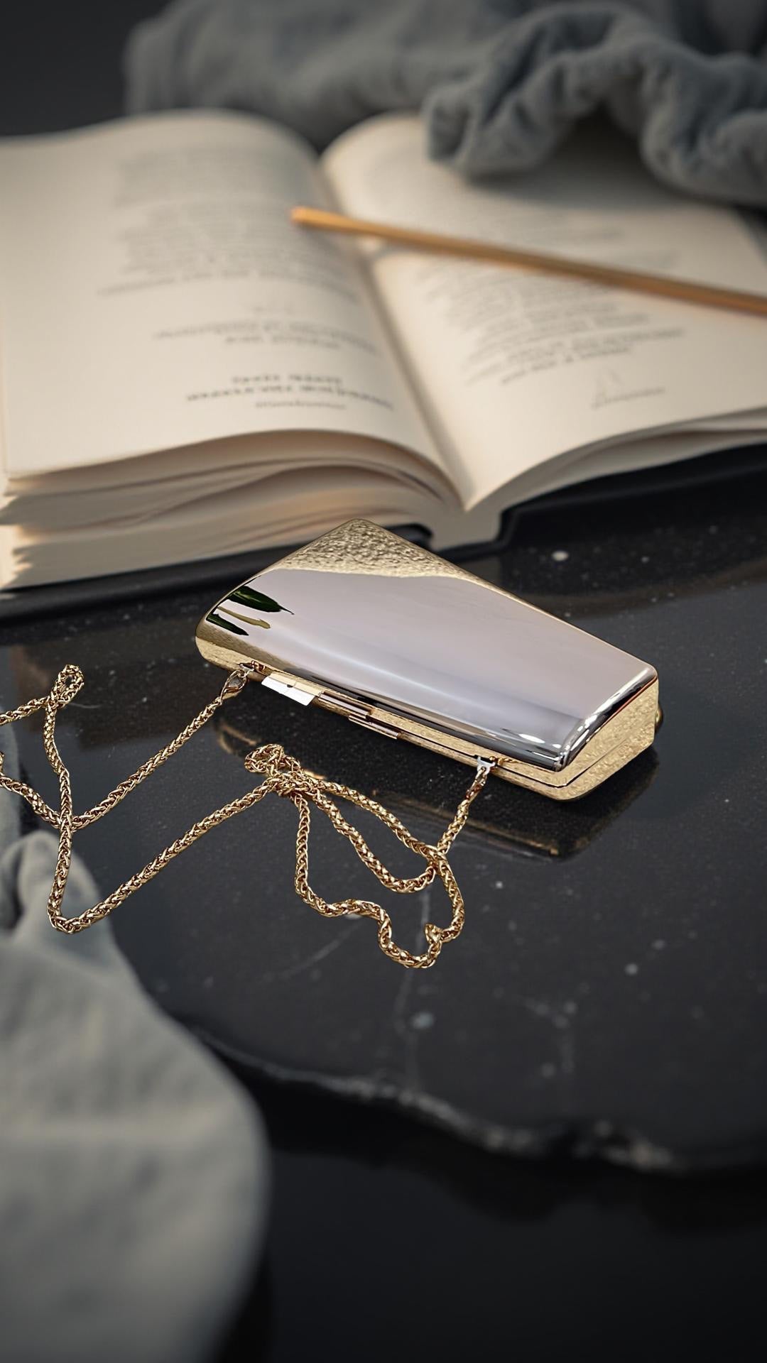 Classic Metallic Magnetic Clasp Slanted Clutch Purse in Gold