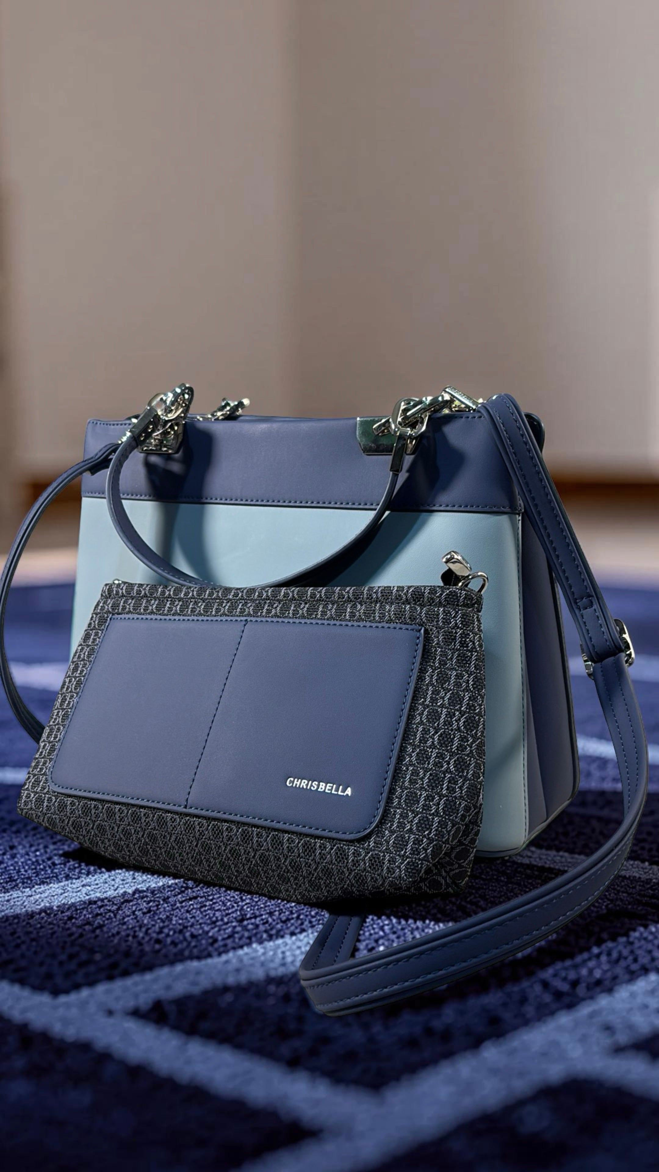 Chrisbella Metal Detail Double Handle 2-in-1 Bag in Navy
