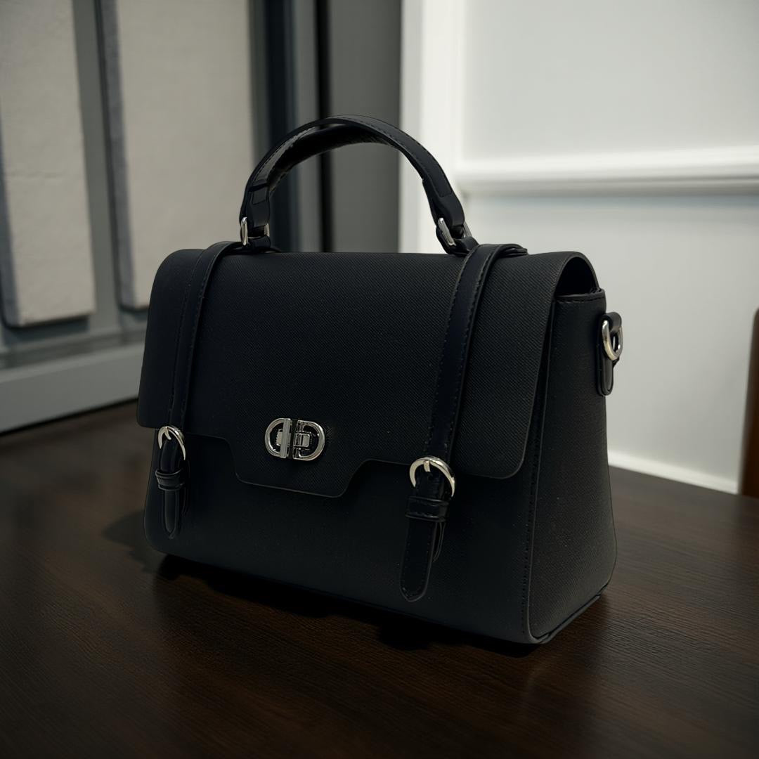 Bagco Leather Strap Top Handle Satchel With Twist-Knob in Black