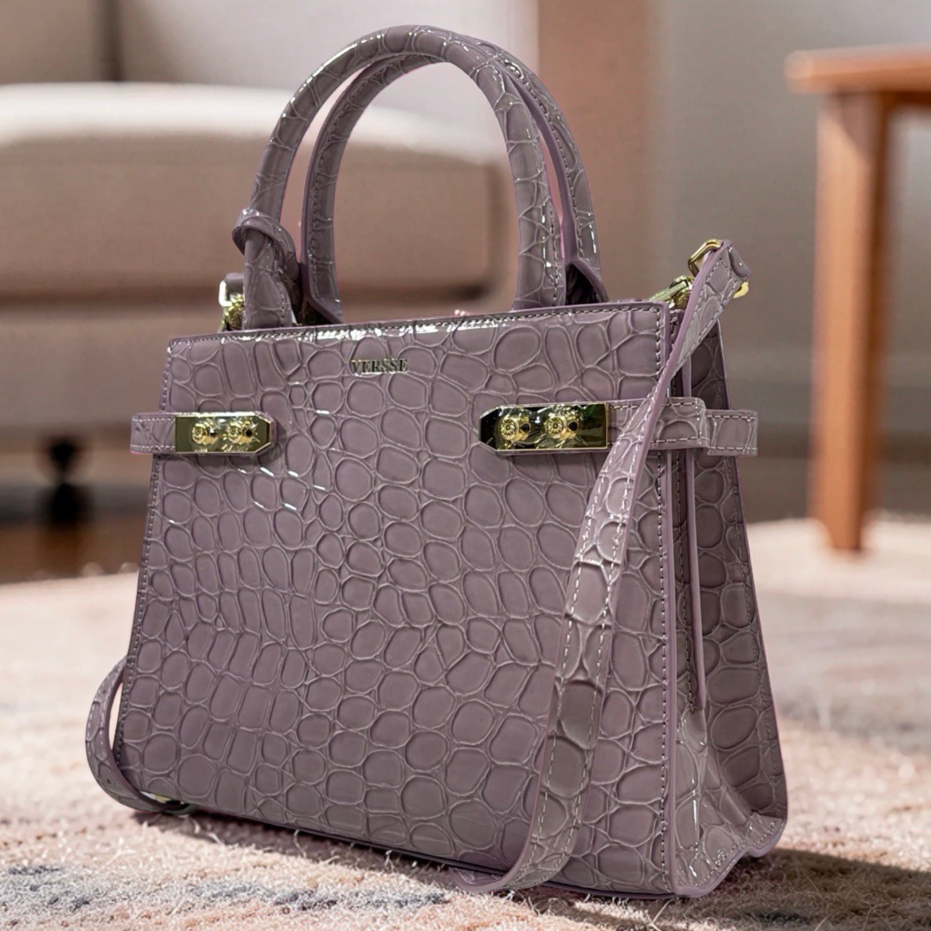 Versse Structured Leather Faux Croc Skin Bag in Mauve