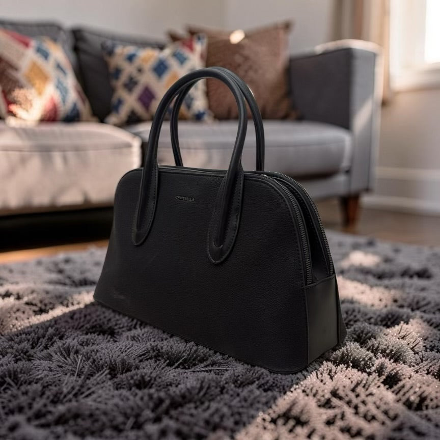 Chrisbella Double Comparment Matte Leather Bag in Black