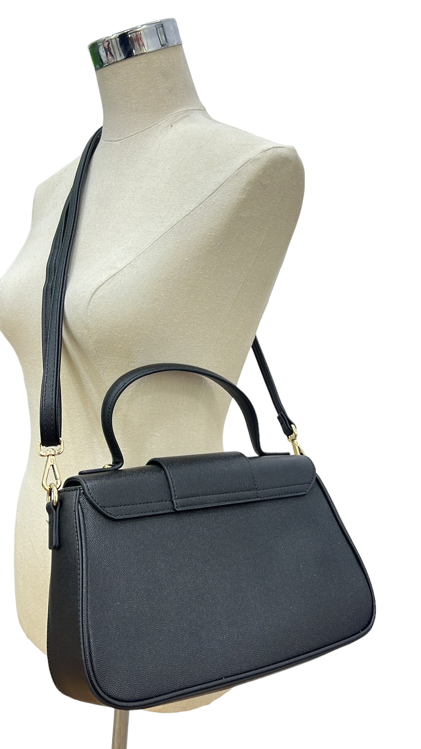 CHRISBELLA TEXTURED BUCKLE DETAIL TWO-TONE BAG IN BLACK