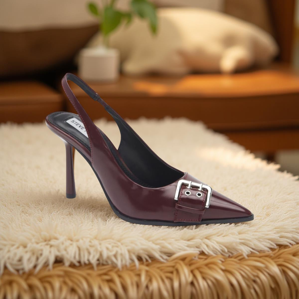 Steve Madden Pointed Toe Buckle Detail Slingback Heels in Oxblood