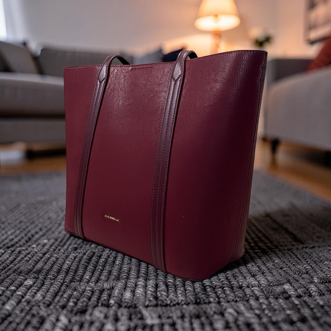Chrisbella Large Matte Leather Bag in Burgundy