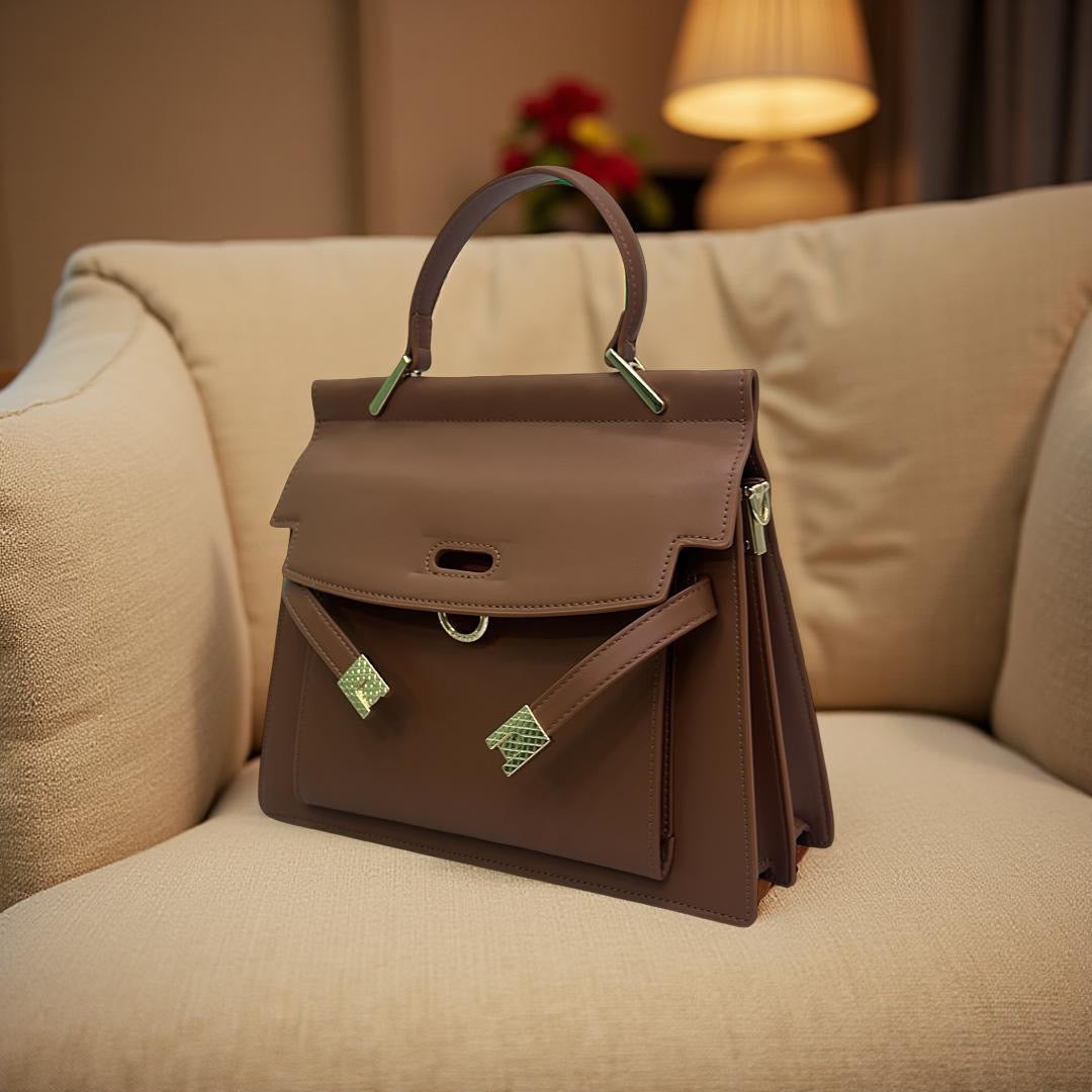 Versse Ring Detail Top Handle Leather Bag in Brown
